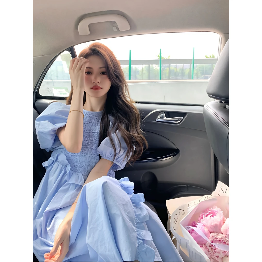 运动泡泡袖荷叶边拼接连衣裙女夏季新款茶歇法式蓬蓬收腰显瘦长裙