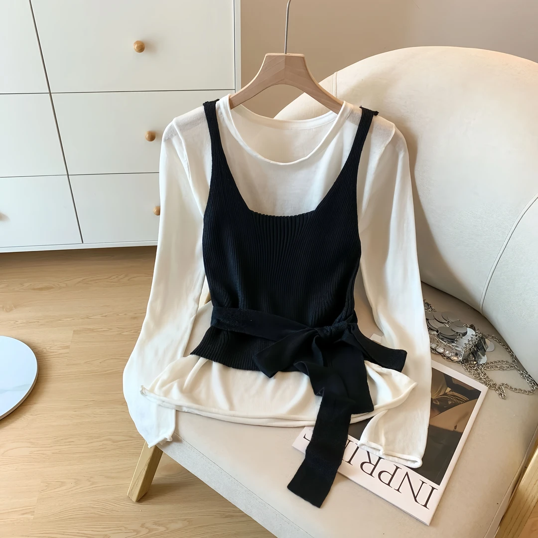 SM潮流早秋新款气质收腰系带针织衫吊带背心洋气女T恤上衣两件套