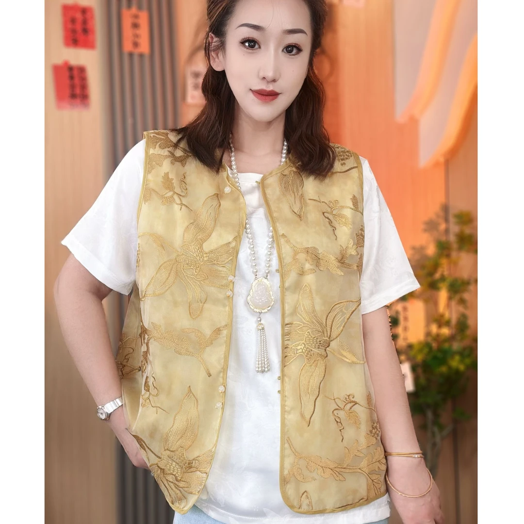 新中式国风薄款防晒刺绣上衣女春夏爆款休闲宽松圆领中式国风马甲