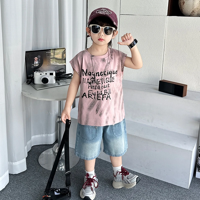 男童背心套装夏季薄款酷帅儿童铆钉无袖背心牛仔短裤夏装宝宝衣服