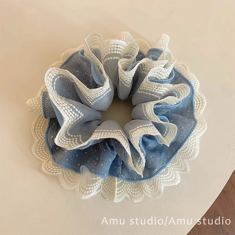 韩系波点牛仔蕾丝花边双层大肠发圈女甜美扎头发丸子头低马尾发绳