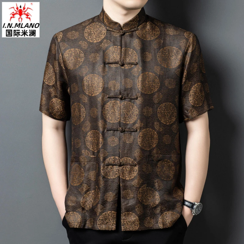 【真丝唐装】桑蚕丝男中老年中国风真丝短袖衬衫男爸爸夏装丝绸男装