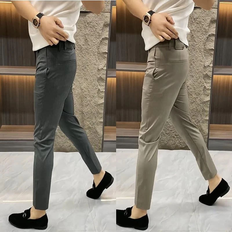 欧货高档纯色简约休闲裤男夏季新款潮流百搭西装裤修身弹力小脚裤