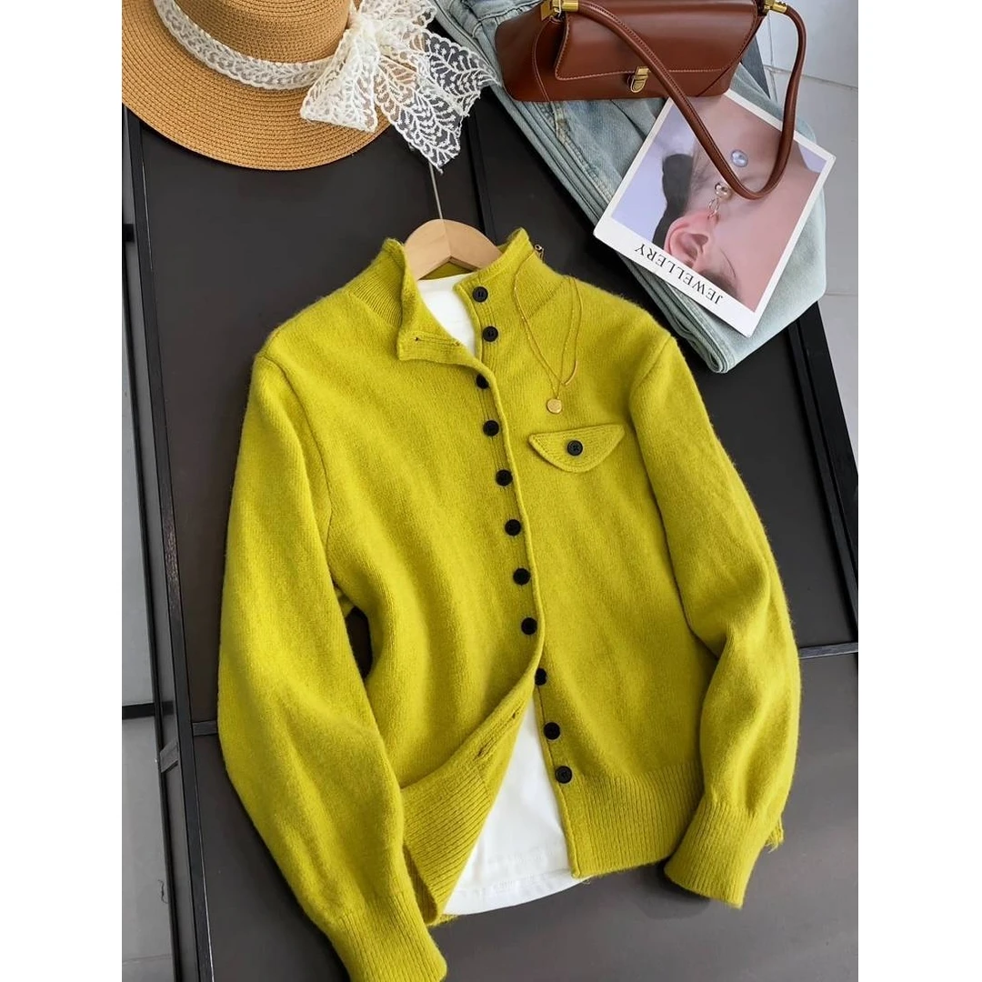 立领长袖单排扣侧边假口袋纯色针织开衫上衣