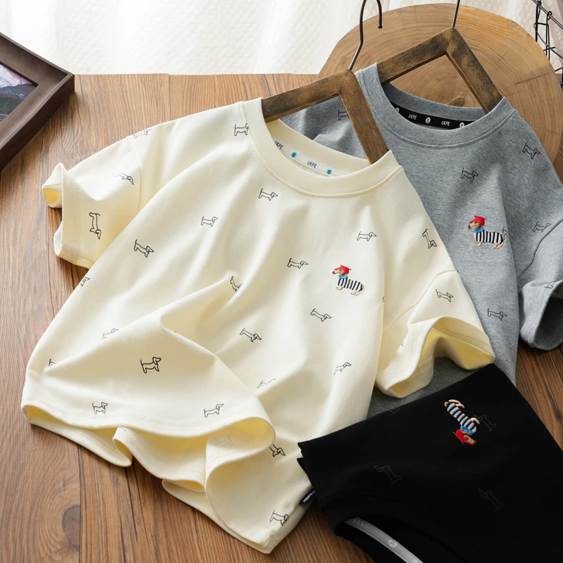 男女童2025夏新款休闲圆领t恤中大童洋气刺绣短袖上衣儿童宽松