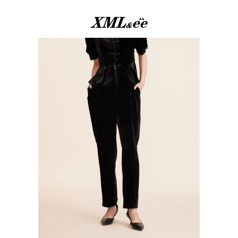 XMLee艾米尔 黑色高腰休闲百搭丝绒梭织裤 X331K3230