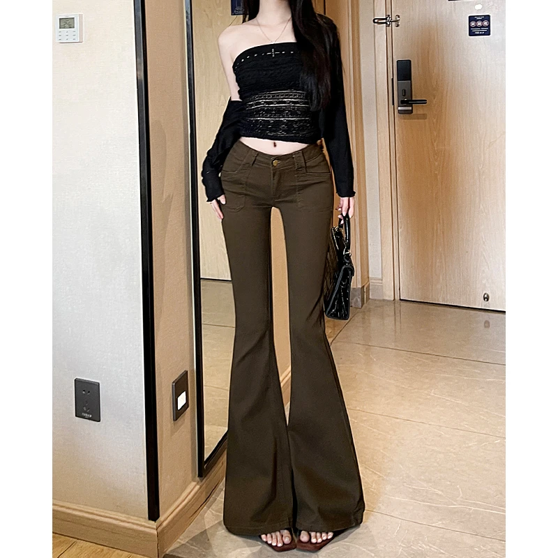 咖色微喇叭牛仔裤女低腰2025年秋季新款辣妹显瘦紧身修身百搭裤