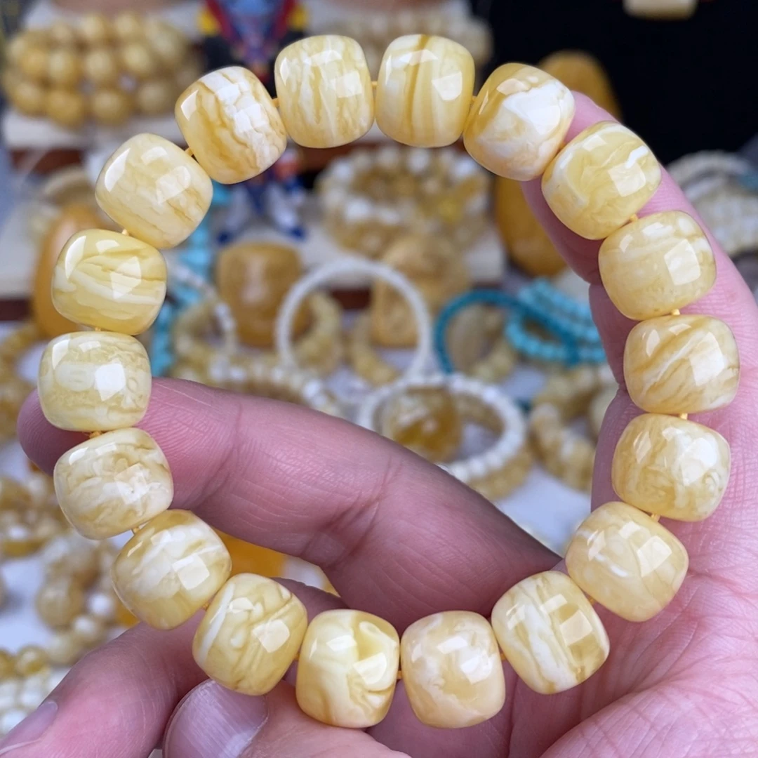 蜜蜡未镶嵌手链瓷白细纹虎皮千层雪13.4mm