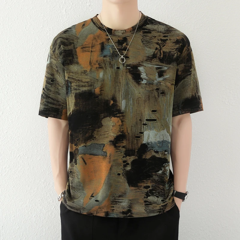 2025新款男士短袖T恤夏季潮牌印花嘻哈潮流半袖t恤圆领打底衫男装