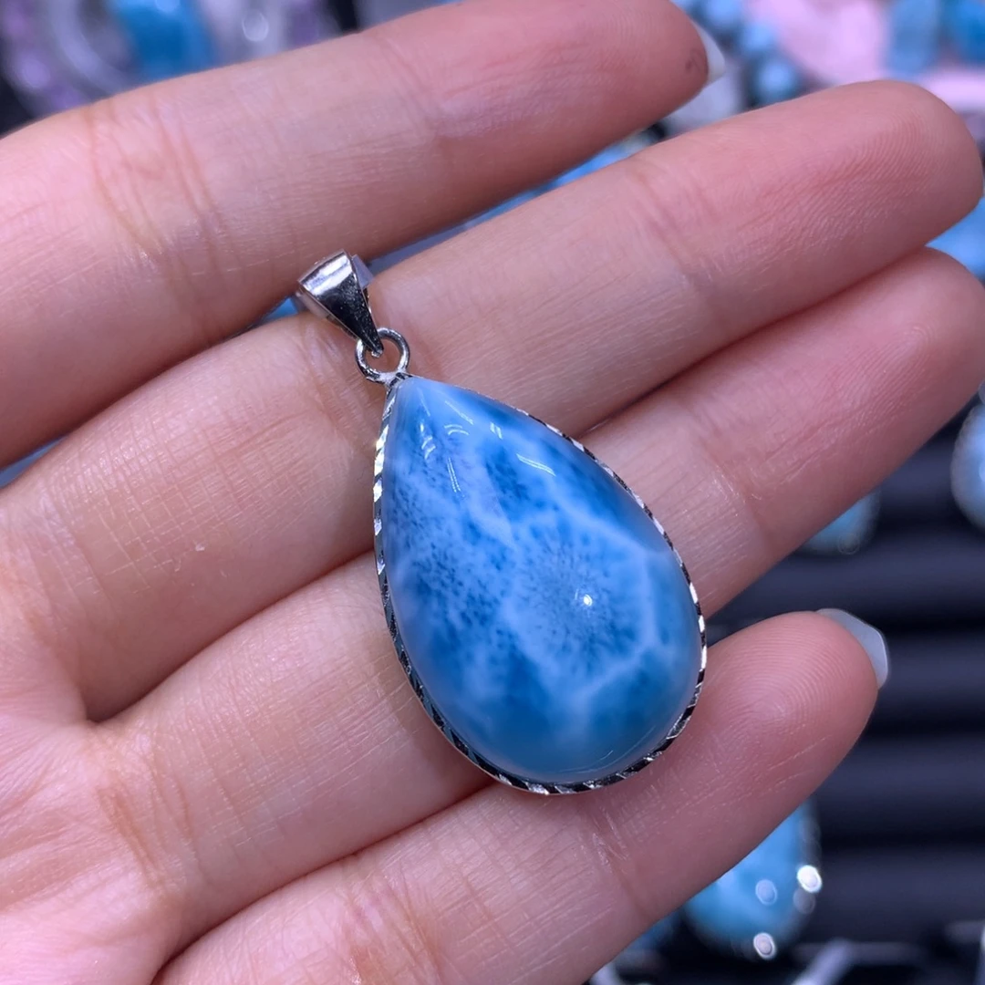 针钠钙石（海纹石）银S925镶嵌吊坠(不含链)水滴吊坠色差略异