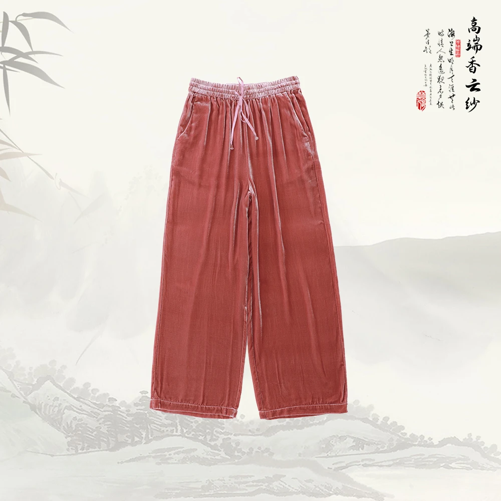 新款时髦高腰宽松显瘦垂感松松紧腰品质直筒丝绒裤子536071