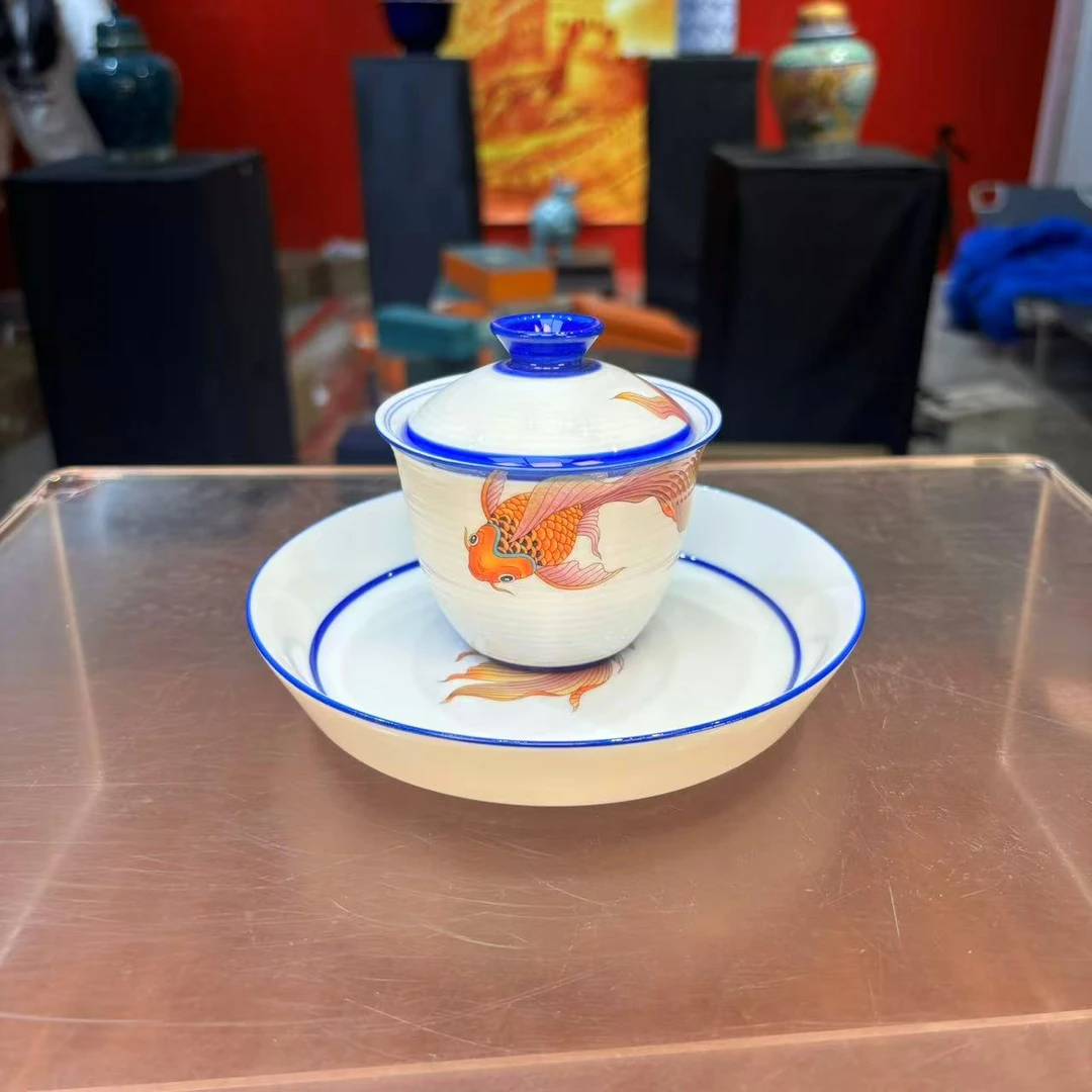 秋香茶具 羊脂玉瓷青花斗彩鱼家用泡茶陶瓷盖碗-5859-0824