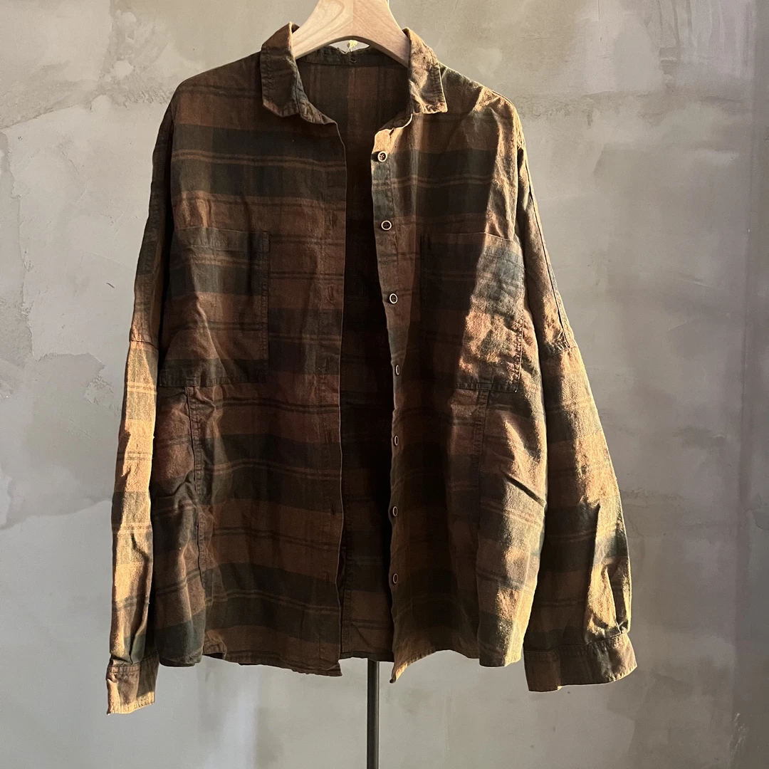 沉香布衣草堂 老布衬衫古古麦开衫外套短衣面料格子随拼