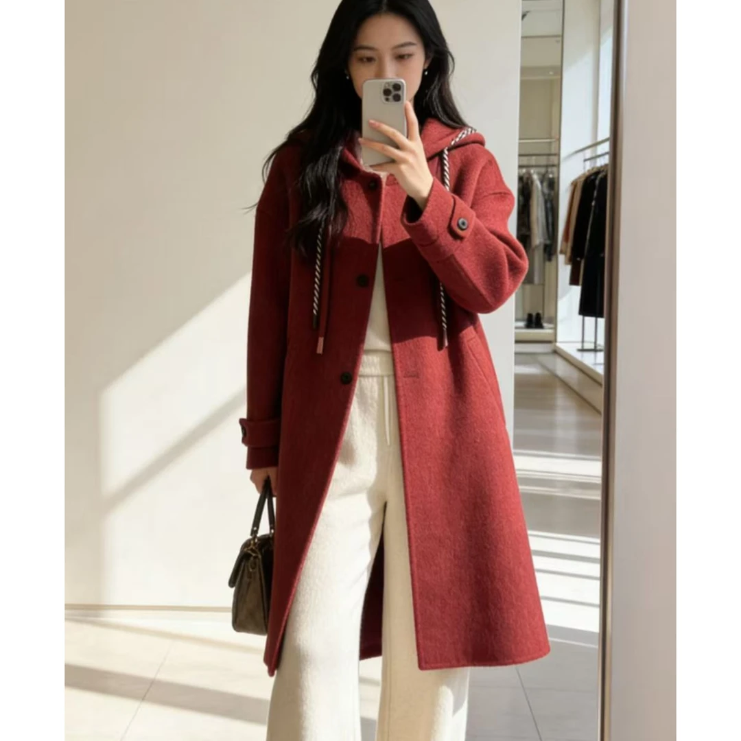 YN S胸120长99钉绳装饰连帽休闲慵懒风穿搭中长款毛呢外套 5194