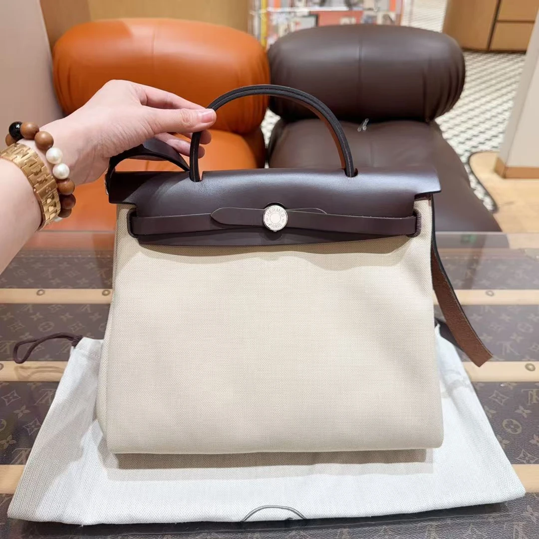 99新 Hermes/爱马仕 mini herbag31 乌木色拼米色 帆布拼皮