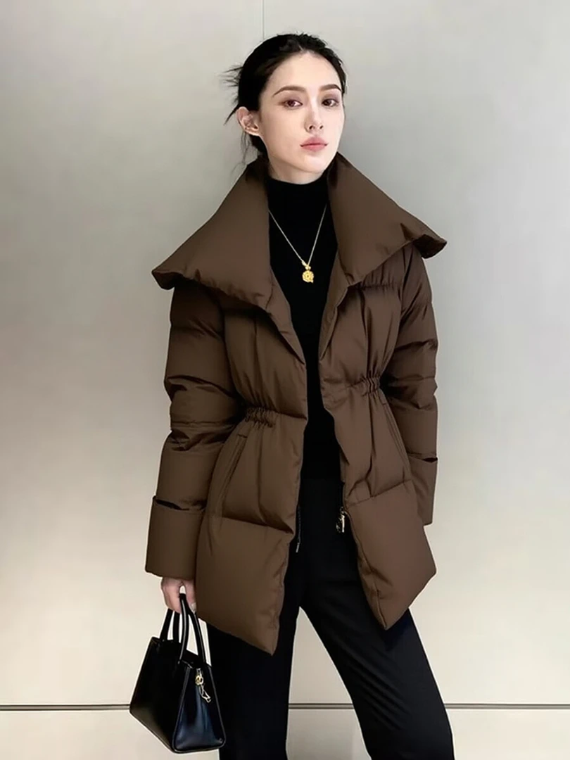 2025冬新款咖色中长款收腰棉衣棉服女复古巴恩风时尚保暖通勤外套