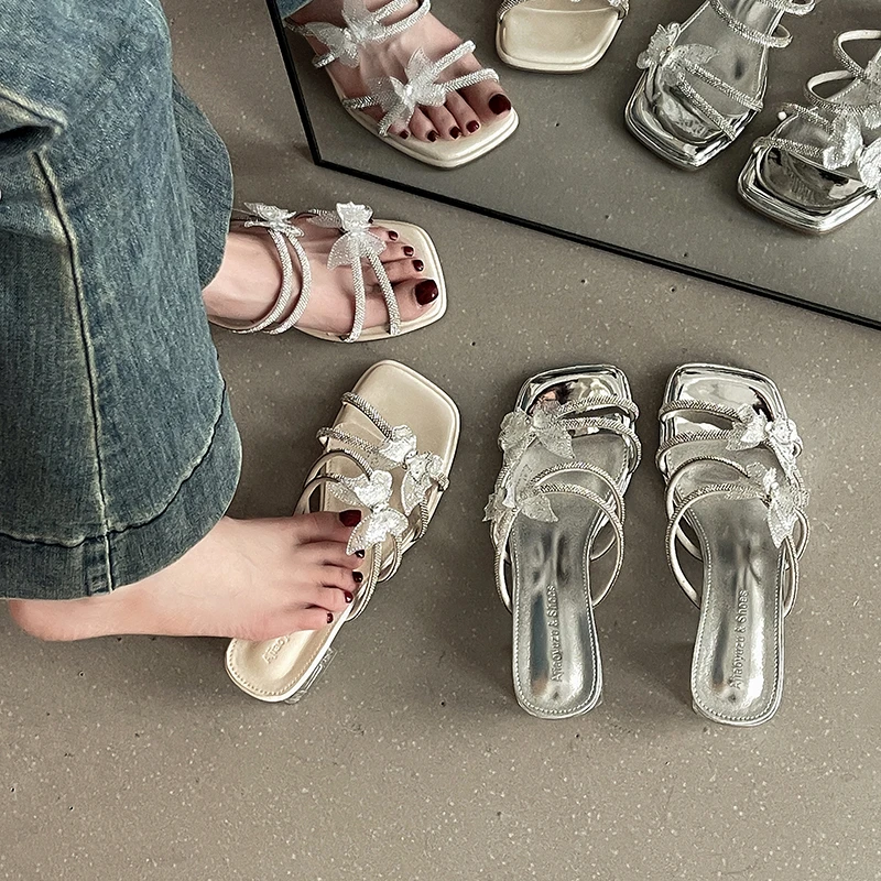 OJRZ小跟凉拖粗跟一字拖女士鞋子2025夏季新款配裙子外穿凉鞋