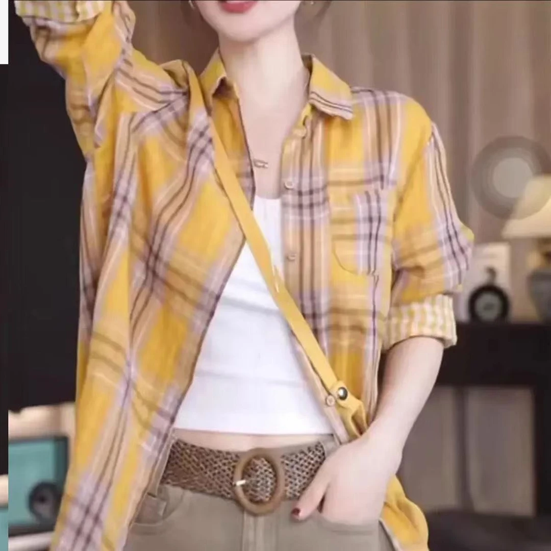 休闲风成人防晒单排多扣格子衬衫女秋显瘦薄款宽松春季印染25-27