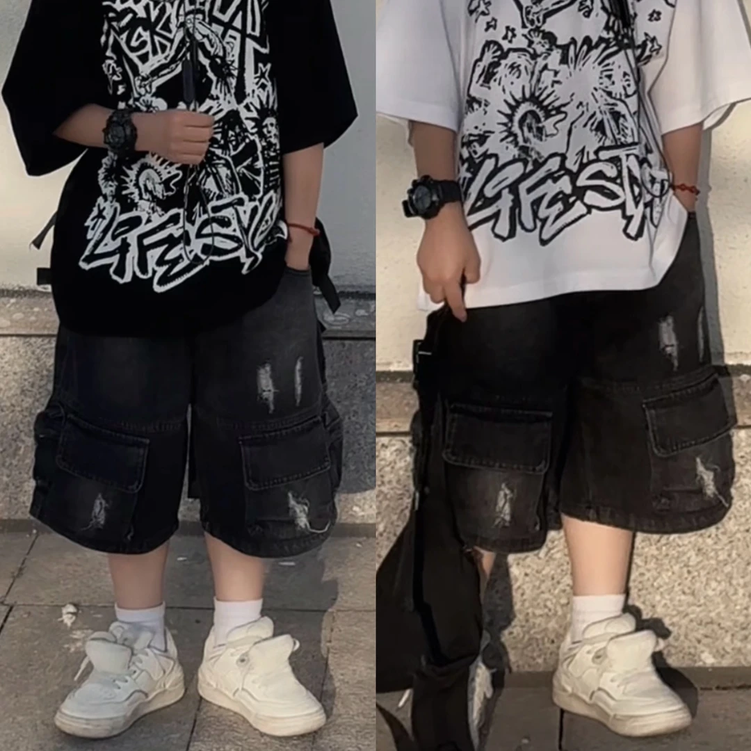 三乐乐家儿童美式复古多口袋磨破工装牛仔短裤夏款重工宽松中裤