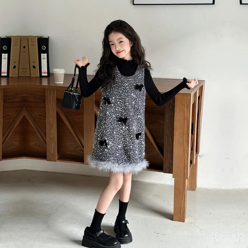 女童秋冬亮片蝴蝶结背心裙套装2025新款小女孩公主裙毛毛边两件套