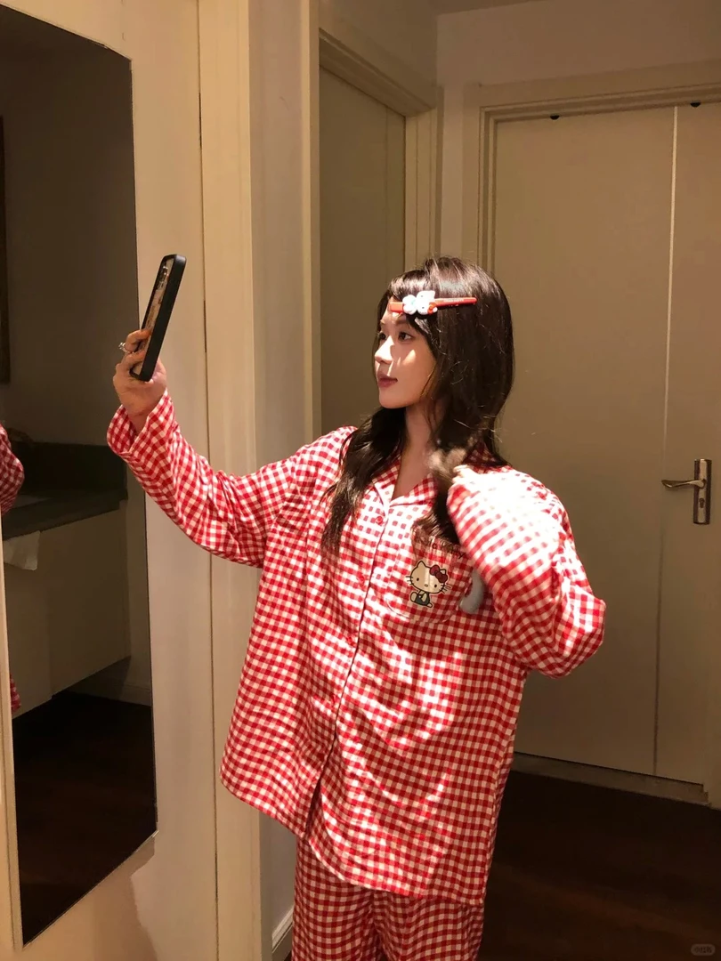 【红格纹凯蒂猫】少女可爱睡衣女春秋2025新款宽松舒适家居服套装