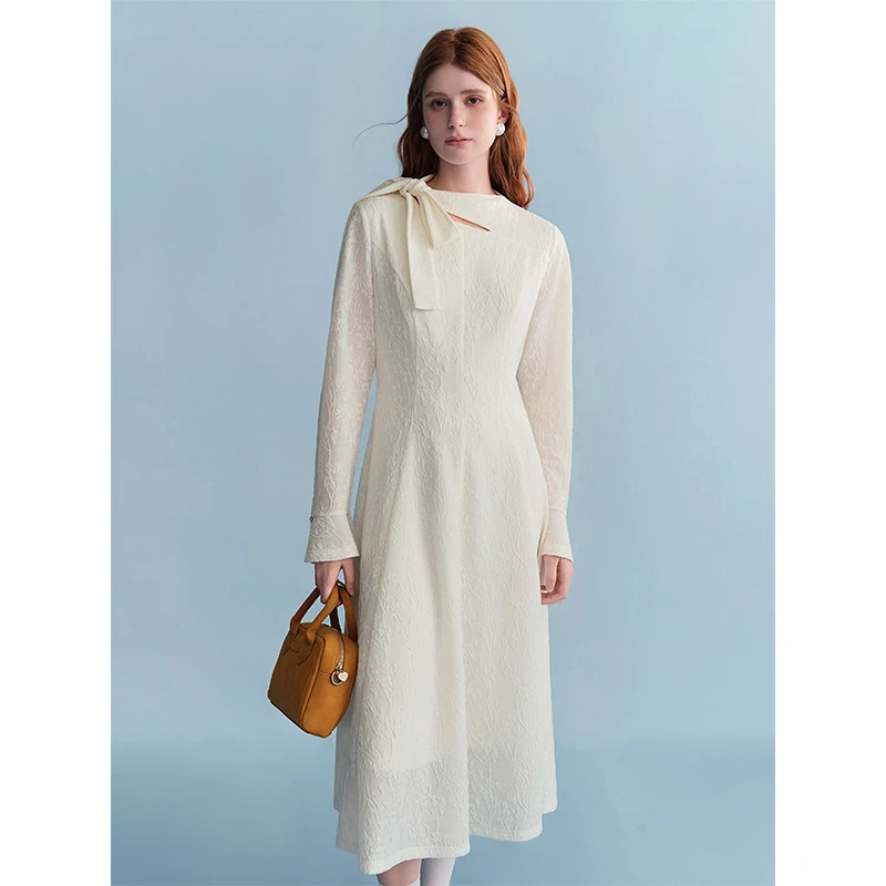 独束大码女装【浮雕梦境】浮雕肌理感飘带法式气质长裙25DS84427