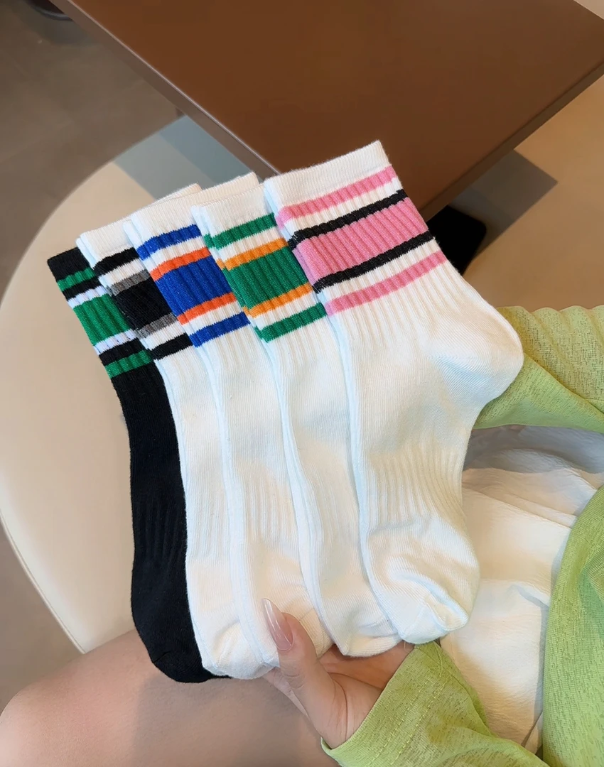 春夏秋冬四季中筒透气运动风秋季运动袜条纹网红筒袜中筒袜