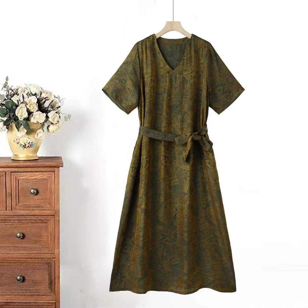 (L浮光锦-墨绿） 时尚轻奢亲肤透气中长款连衣裙