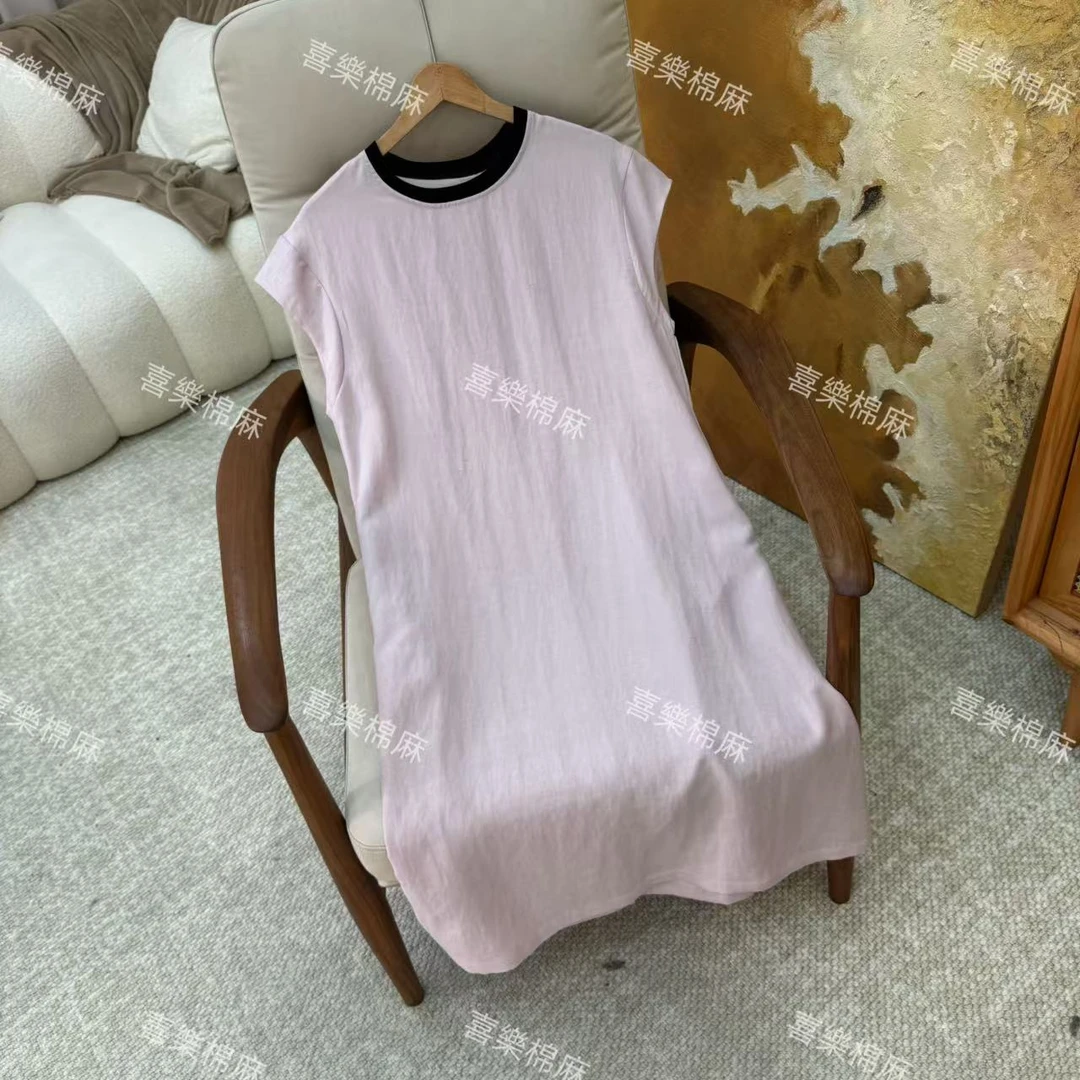 喜樂  2025亚麻天丝混纺圆领拼色飞飞袖连衣裙夏季新款简约休闲女