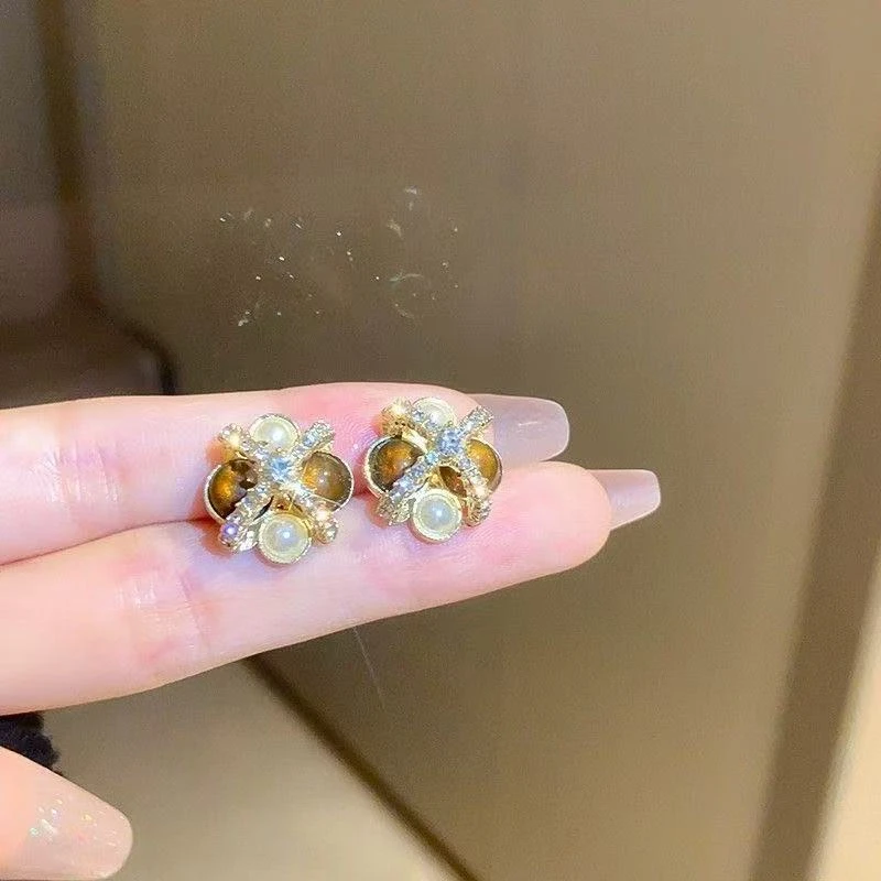 铜合金耳饰 美拉德虎眼石耳环轻奢高级感中古耳饰设计感小众1264