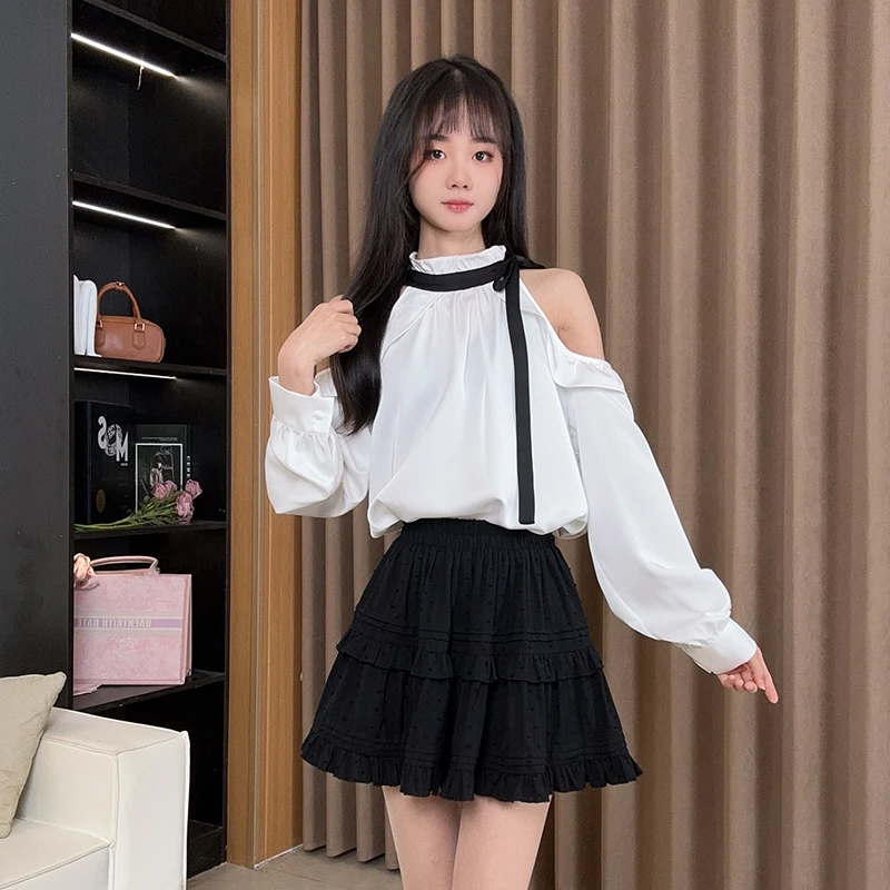 法式显瘦2025春季新款蝴蝶结设计感露肩长袖衬衫韩系温柔风上衣