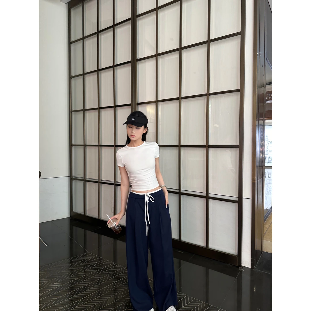 【5werkwen 04.18新品】时髦腔调感 双腰头撞色拼接条纹长裤