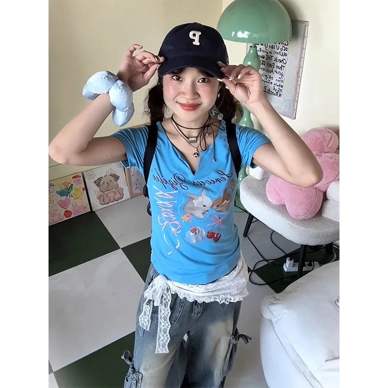 美式v领短袖t恤女夏季款欧若风兔子印花半袖修身甜美短款上衣y2k
