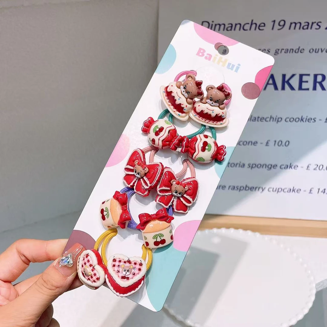 B-0420  bh 5对红色蛋糕爱心小熊多变造型头绳儿童马尾造型 发圈