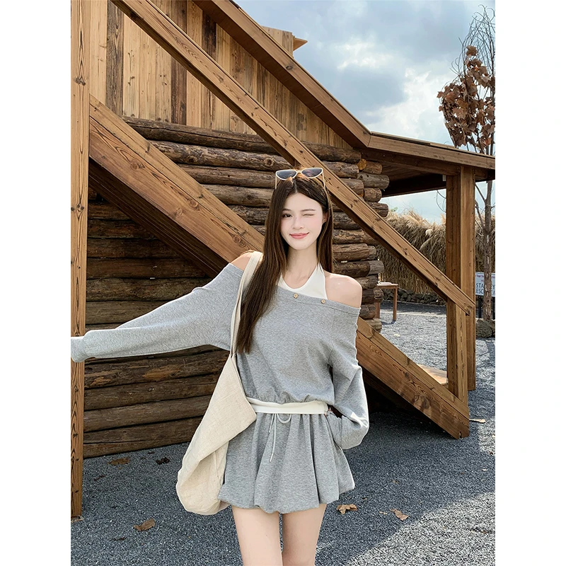 2025秋季新款韩系辣妹假两件挂脖露肩卫衣花苞蓬蓬半身裙两件套装