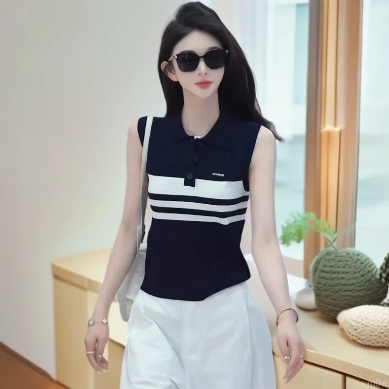 新款2025条纹polo领时尚修身显瘦背心薄款拼接衫气质上衣女洋气