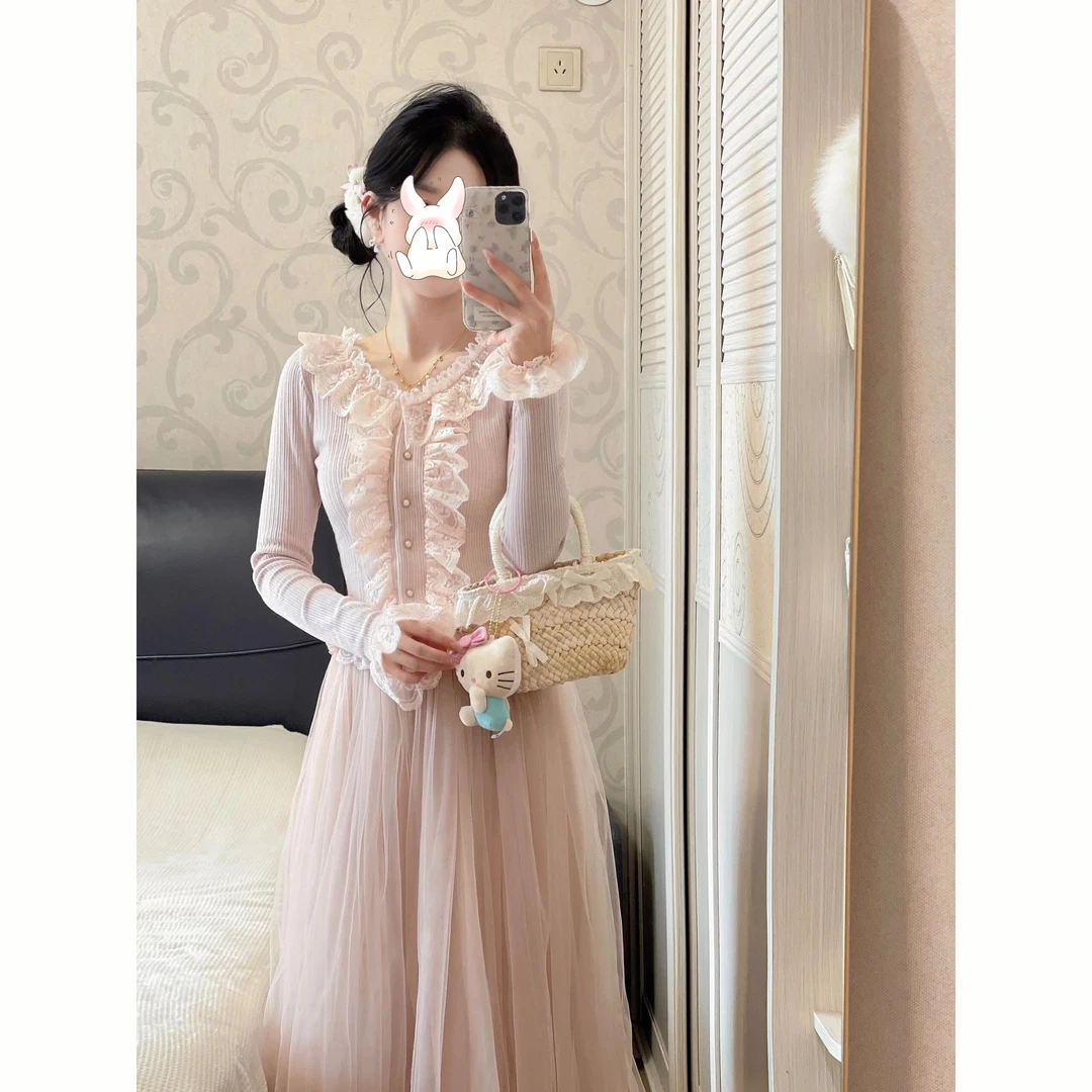 甜美风套装女秋冬新款内搭针织打底衣服粉色网纱半身裙两件套