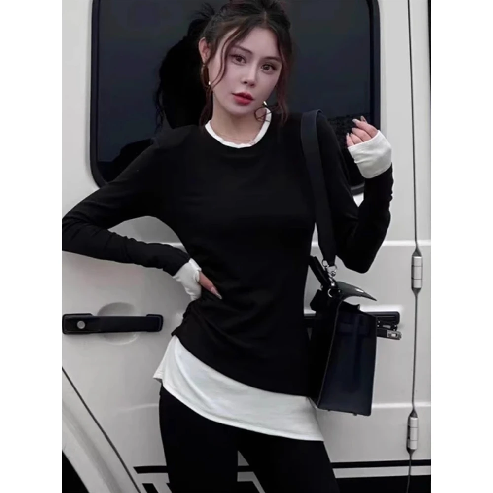 假两件拼接撞色磨毛打底衫女春秋季设计感中长款长袖T恤收腰上衣