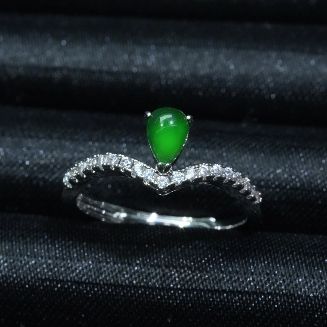 天然A货翡翠戒指水滴多样性发气质开口戒百搭优雅镶嵌时尚满钻美