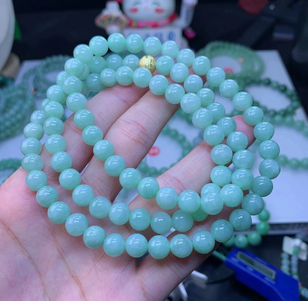 正品缅甸天然翡翠A货冰润果绿满色8m项链妈妈链绿色素款长链精美