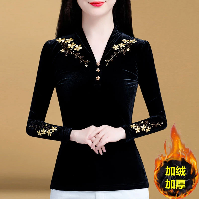 GF#386 黑色丝绒打底衫T恤女士新款高级感绣花小衫洋气内搭保暖加