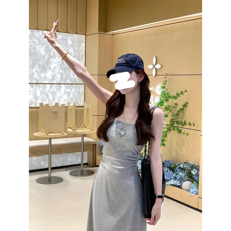 Moses Queen/魔西女王法式掐腰灰色背心连衣裙子夏季新款显瘦长裙