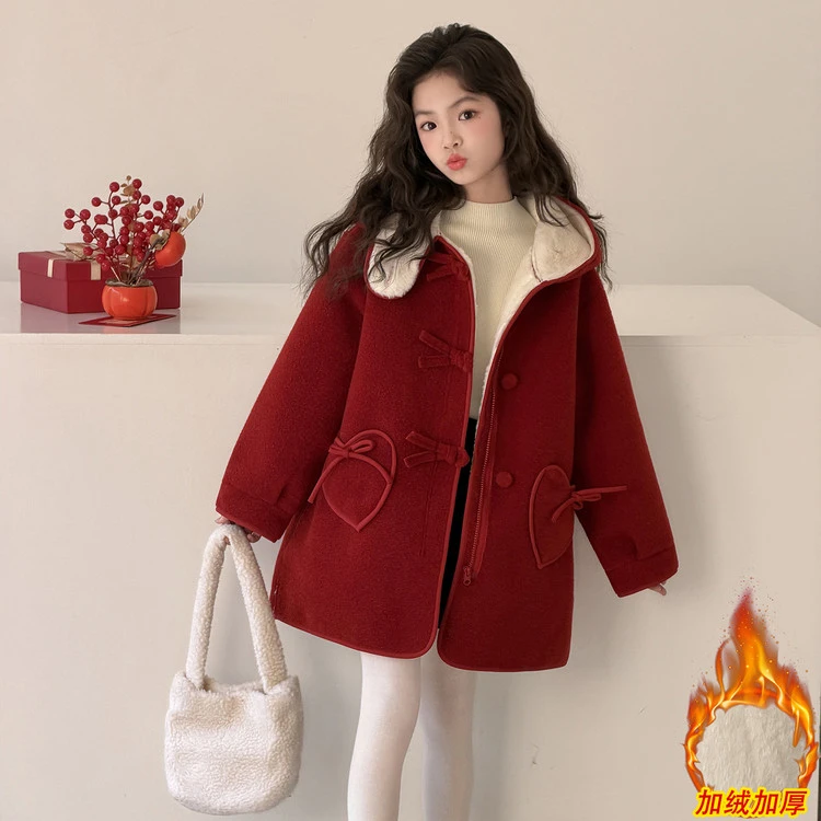 女童加绒呢大衣冬款超好看中长款红色年服2025新款儿童外套呢子冬