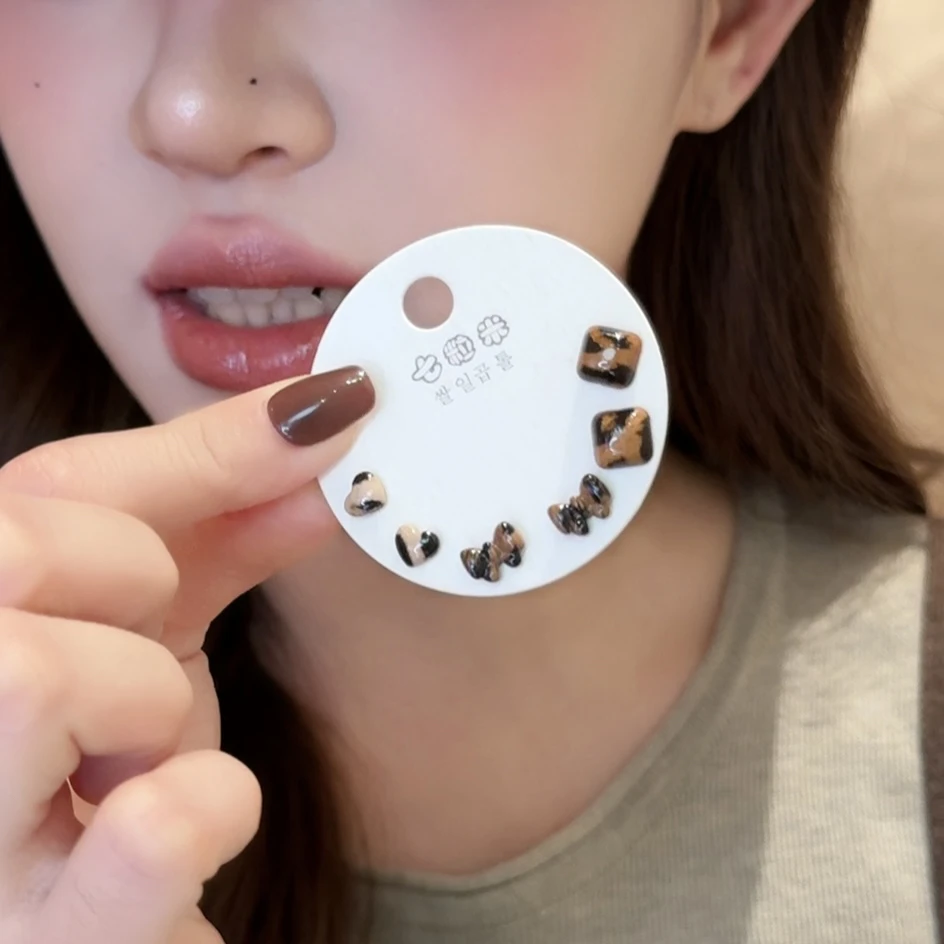铜合金树脂耳饰 复古美拉德豹纹耳环女高级感耳钉精致套装耳饰