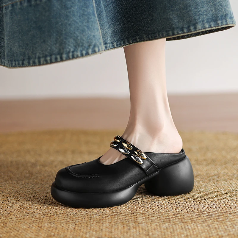 牛皮/6.5cm夏季真皮厚底包头凉鞋女时尚外穿松糕铆钉玛丽珍半拖鞋