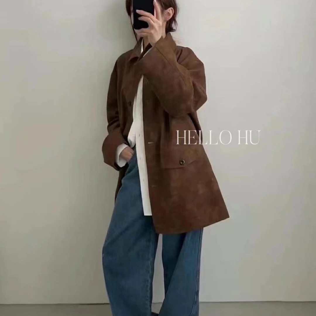 韩系中长款麂皮绒外套