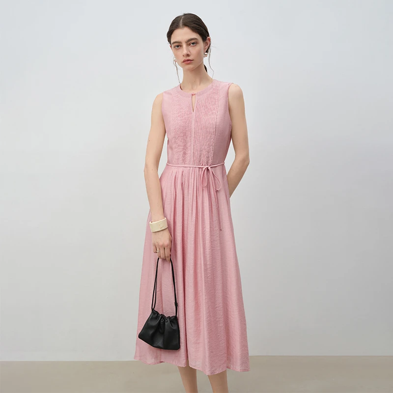 自巧小个子粉色压褶气质无袖连衣裙女2025新款通勤收腰 25ZQ92144