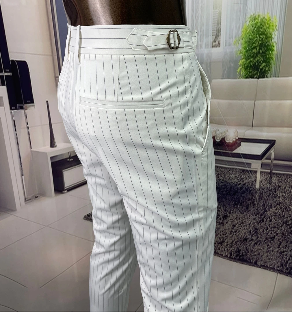 欧货品质夏季新款竖条修身小脚十分裤（裤脚开叉）