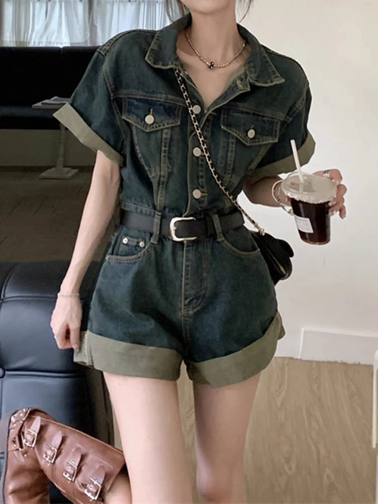 【8513】吖#时尚百搭翻领牛仔连体裤