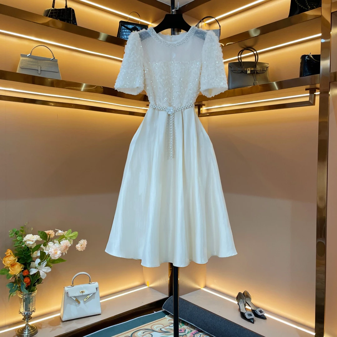 【珠绣华服】杏轻奢设计师款优雅气质修身时尚收腰连衣裙-86322佳